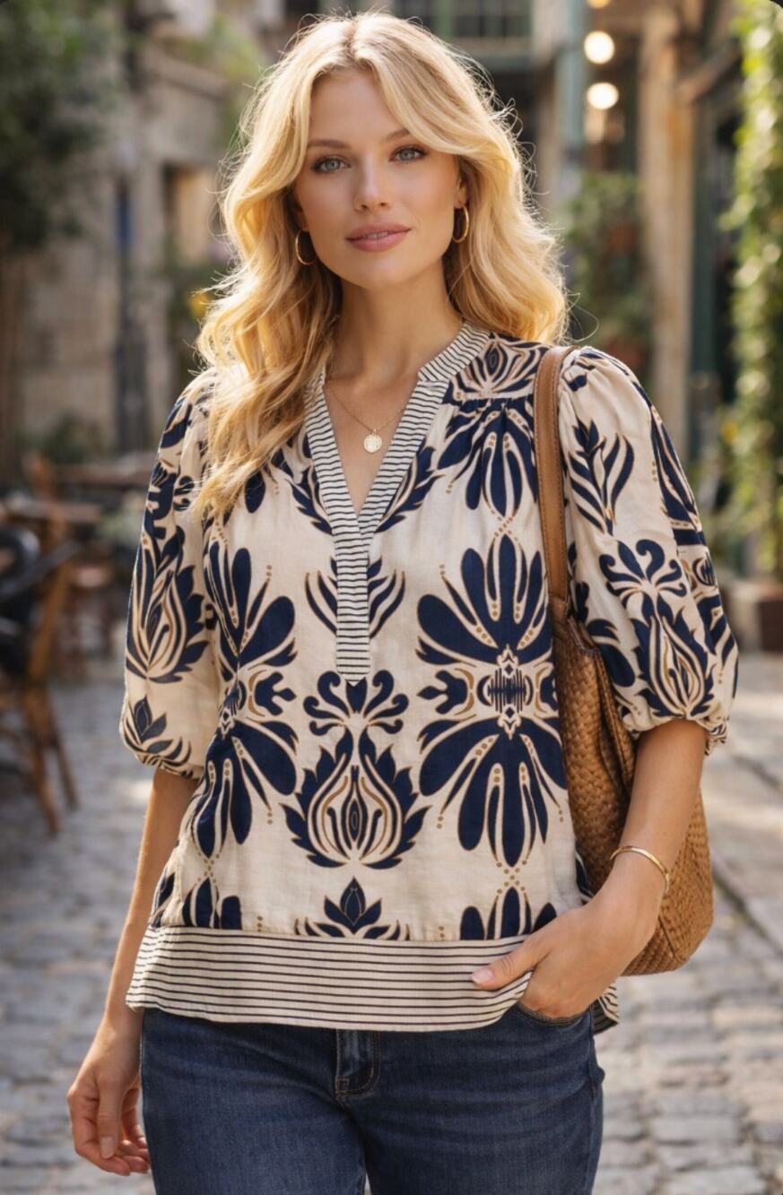 She & Sky Navy Cream Floral Print Blouse Striped Trim Boho Top Small